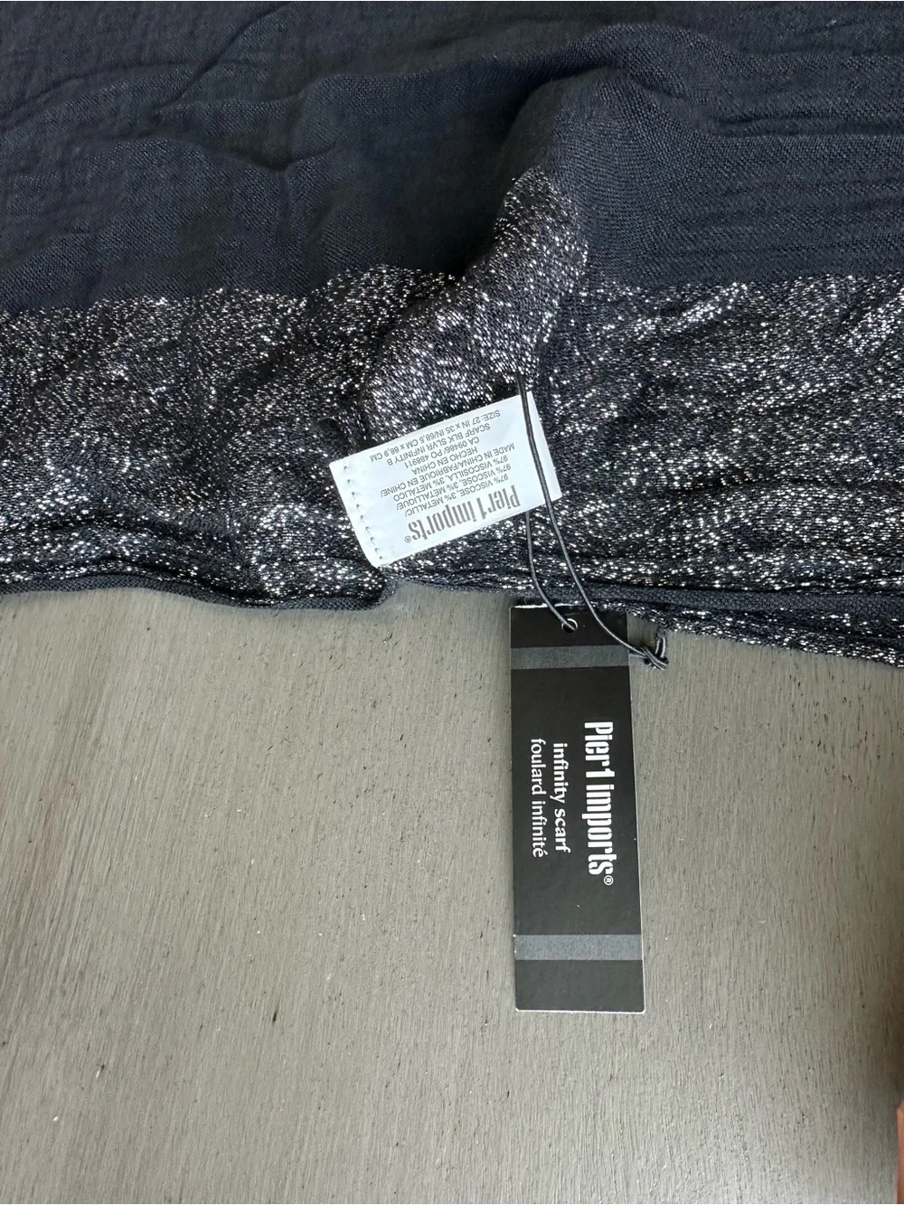 Pier 1 imports Black Infinity Scarf Metallic Silver Lining Size 24”X36” Viscose